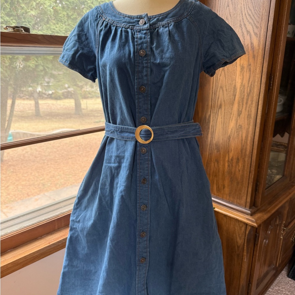 Vintage Blue Denim Button-Front Midi Dress with Ring Belt